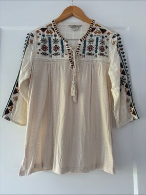Cream Embroidered Peasant Tunic with Tassel Tie